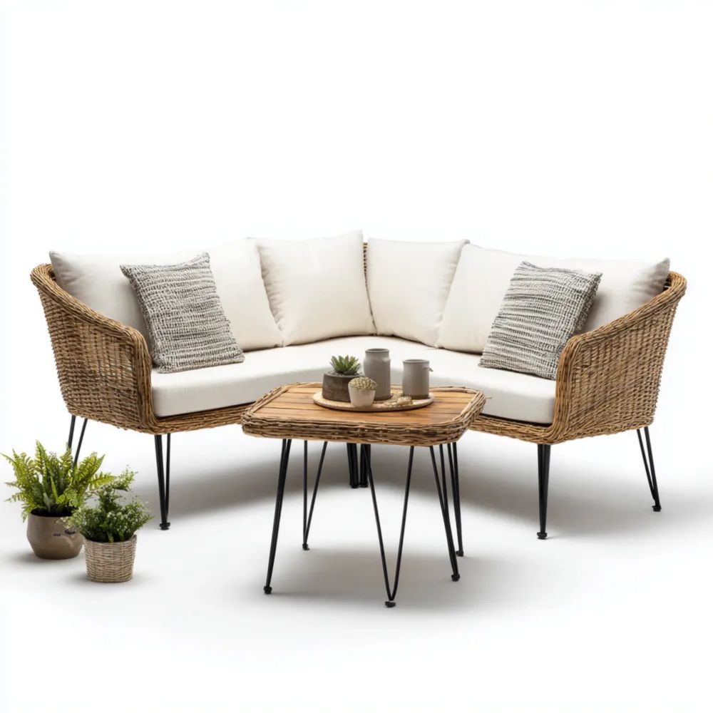 Garten-Sofaset Rattan 150x85x70 cm – Weiß/Natur