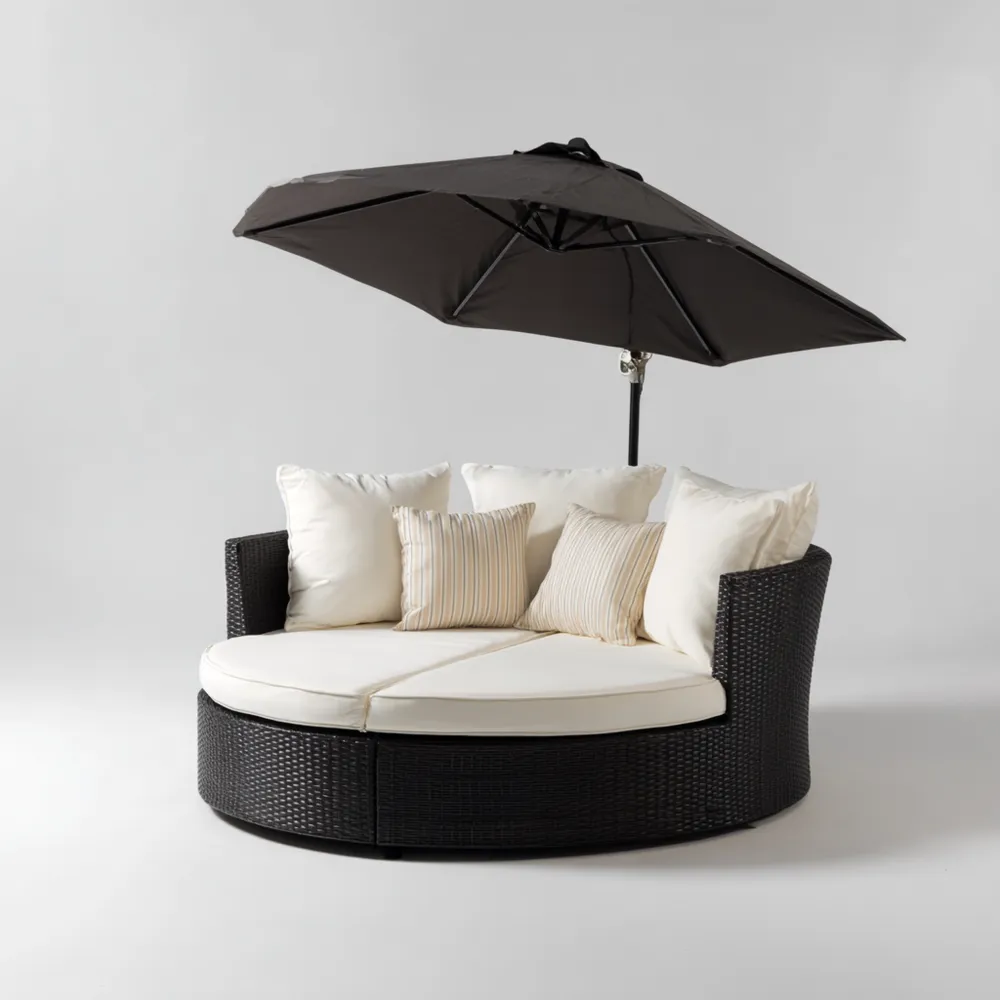 Runde Rattan Sonnenliege mit Dach - Schwarz/Creme - 180x180x70 cm Gartenmöbel