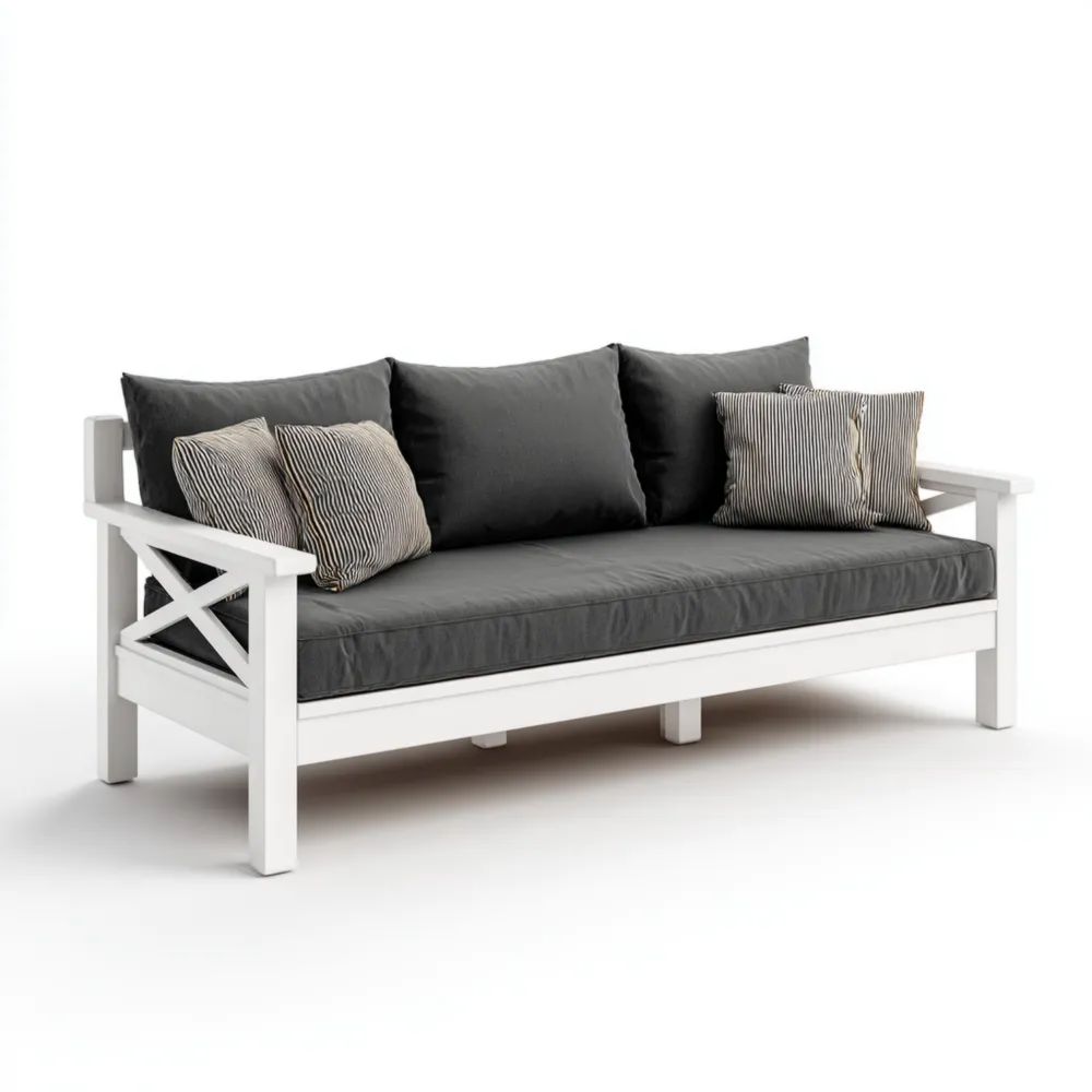 3-Sitzer Gartensofa Holzrahmen 200x75x80 cm – Weiß/Dunkelgrau – Klassisches Design