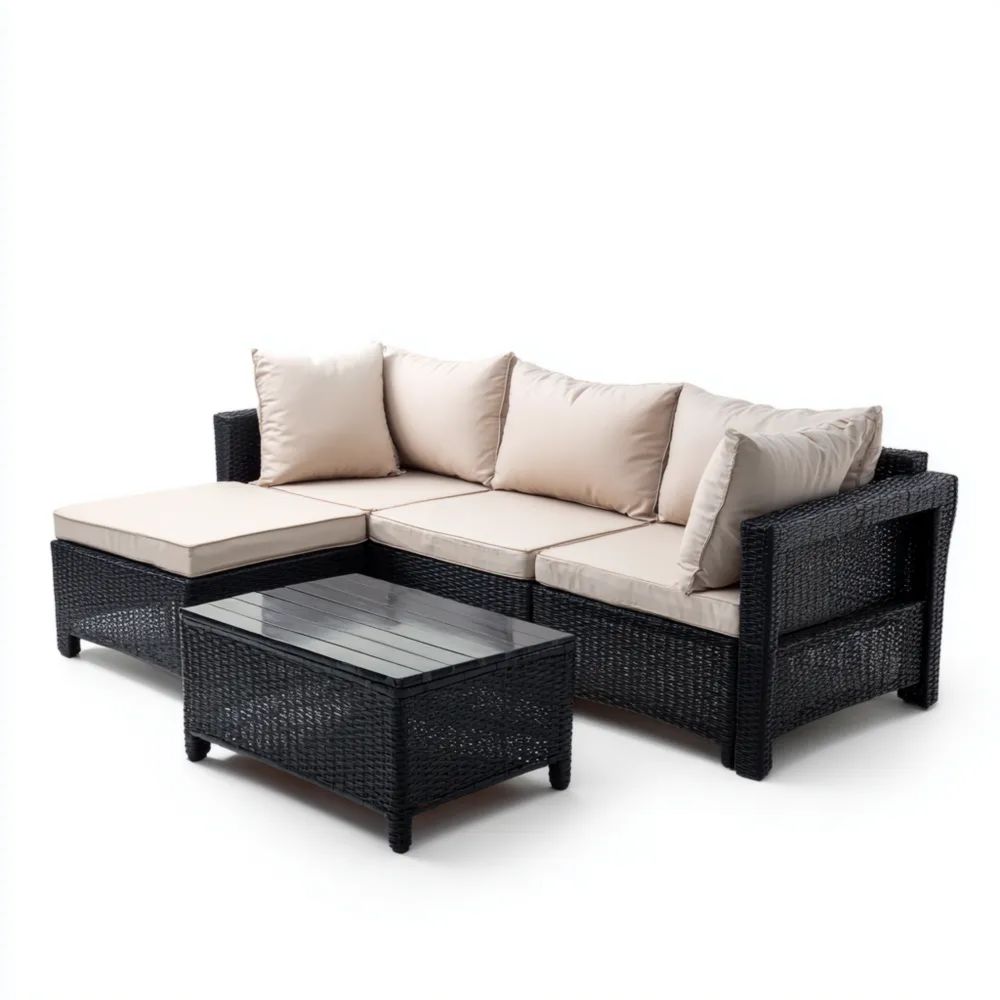 Garten-Sofaset Polyrattan 200x140x65 cm – Schwarz/Beige – Moderner Stil