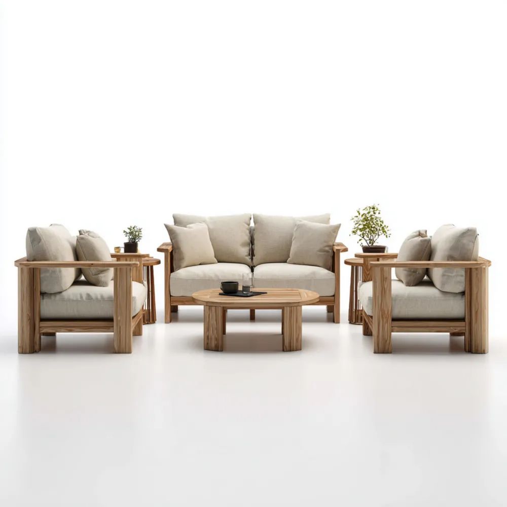 Garten-Sofaset Holz (75x80x85 cm, 150x80x85 cm, 100x50x45 cm) - Beige - Moderner Stil