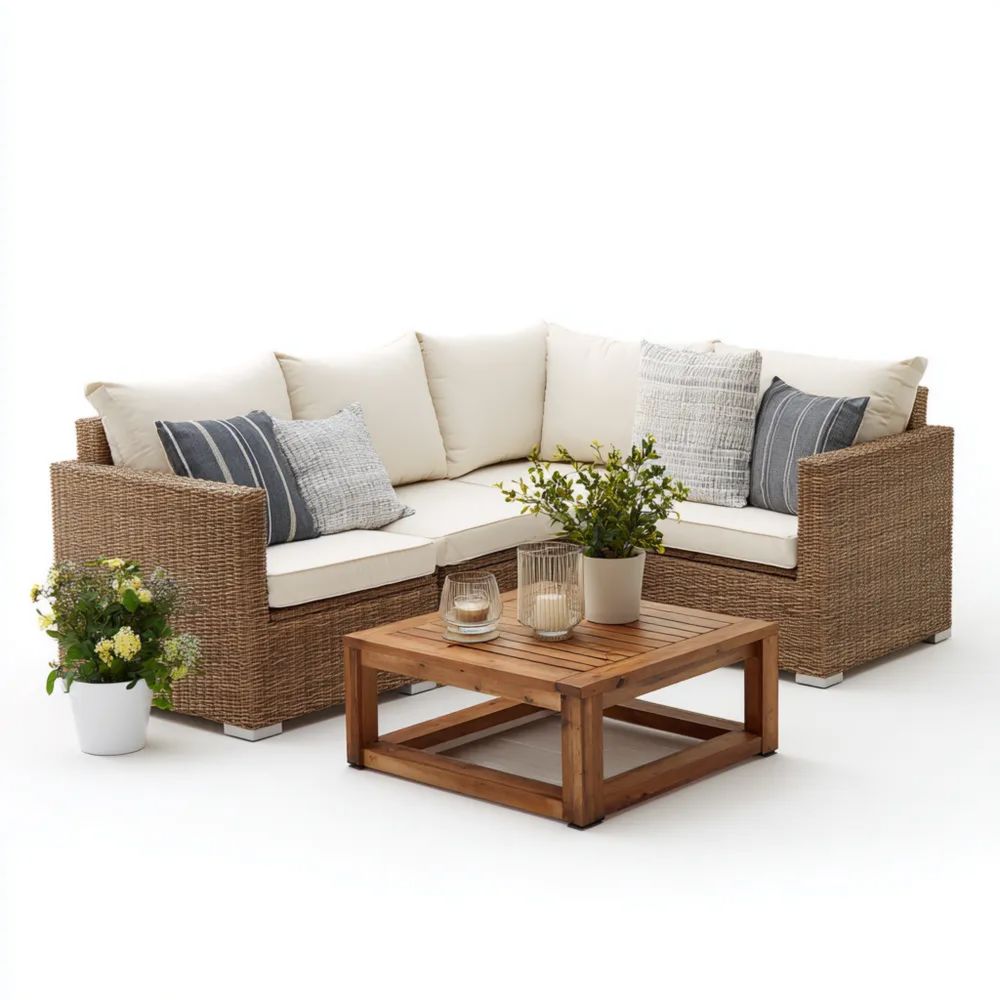 Garten-Sofaset Holzgeflecht (200x200x70 cm) - Creme - Ecksofa mit Tisch (70x70x35 cm) - Modernes Design