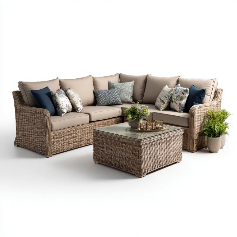 Garten-Sofaset Polyrattan 210x210x75 cm mit Tisch 90x90x40 cm – Beige – Modernes Design