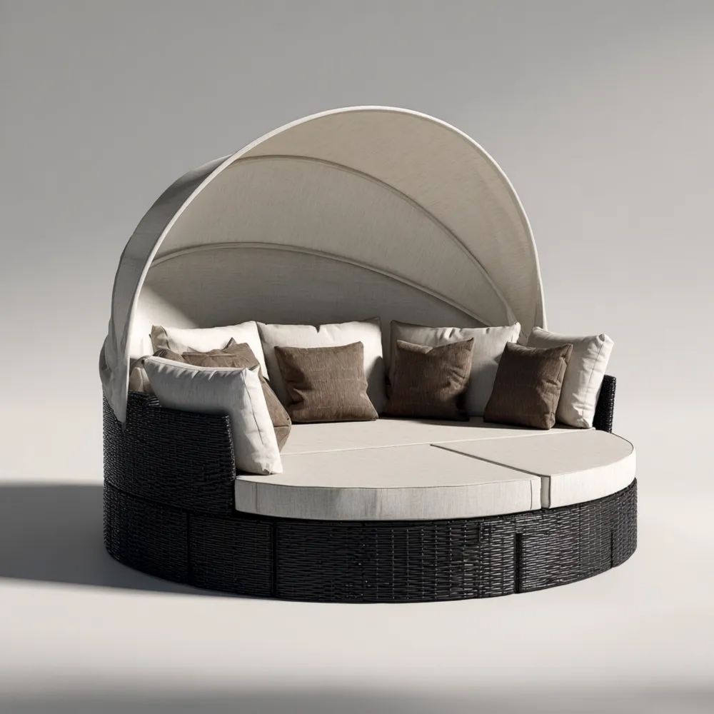 Runde Gartenliege Rattan 180x180x75 cm – Creme/Schwarz – Mit Sonnendach