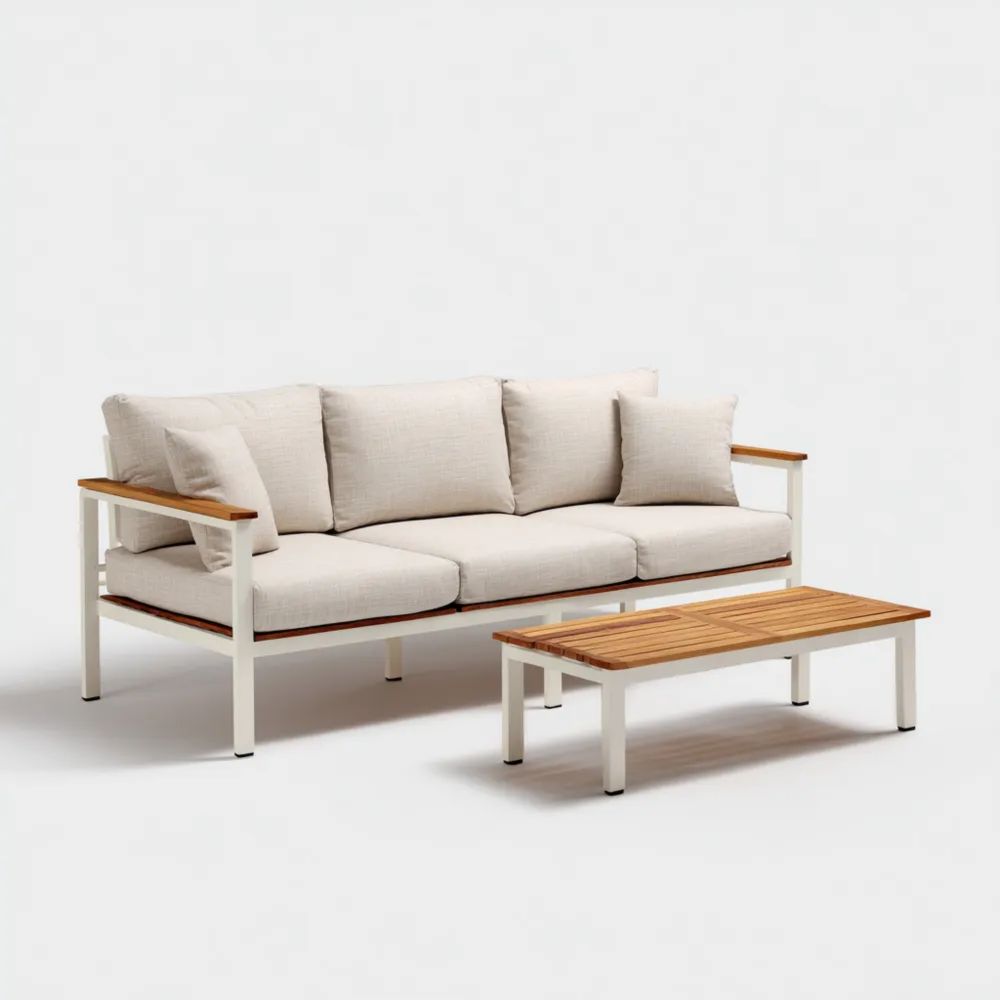 Garten-Sofaset Metallholz 3-Sitzer 180x75x80 cm – Beige – Modernes Design