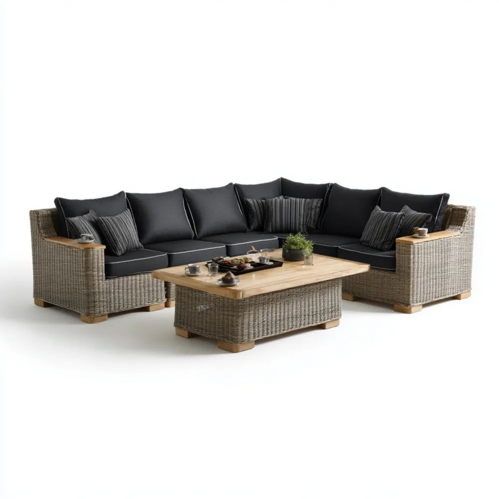 Garten-Sofaset Polyrattan Holz 250x80x65 cm - Dunkelgrau - Moderner Stil