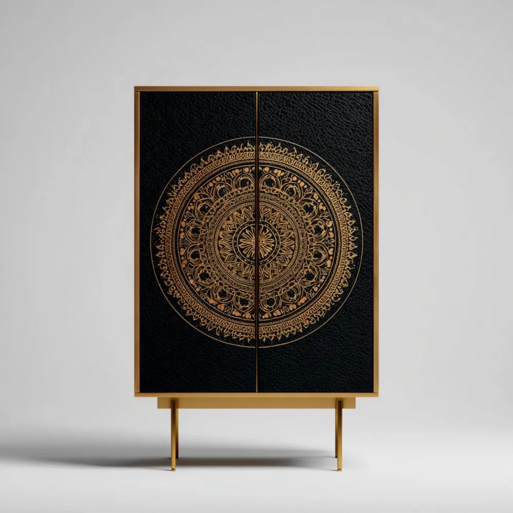 Aufbewahrungsschrank Holz 120x50x190 cm – Schwarz/Gold – Orientalisches Design