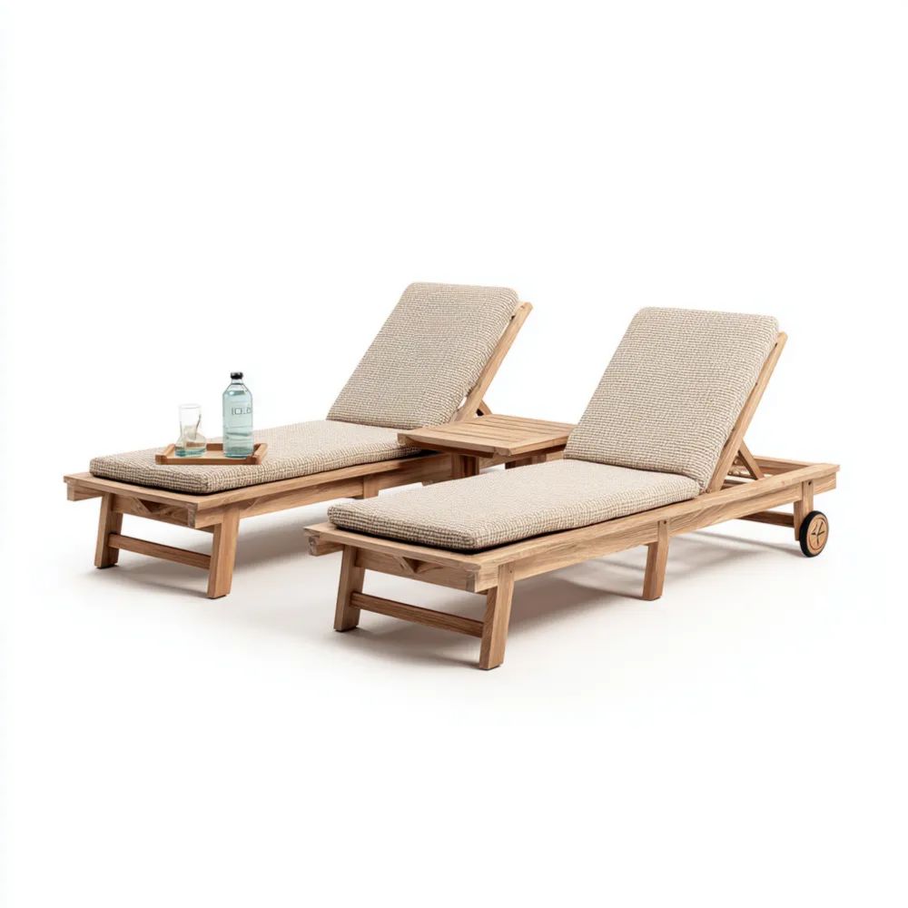 Gartenliegen Set 200x65x35 cm mit Teakholzgestell und Beigem Kissen – Verstellbar – Modernes Design