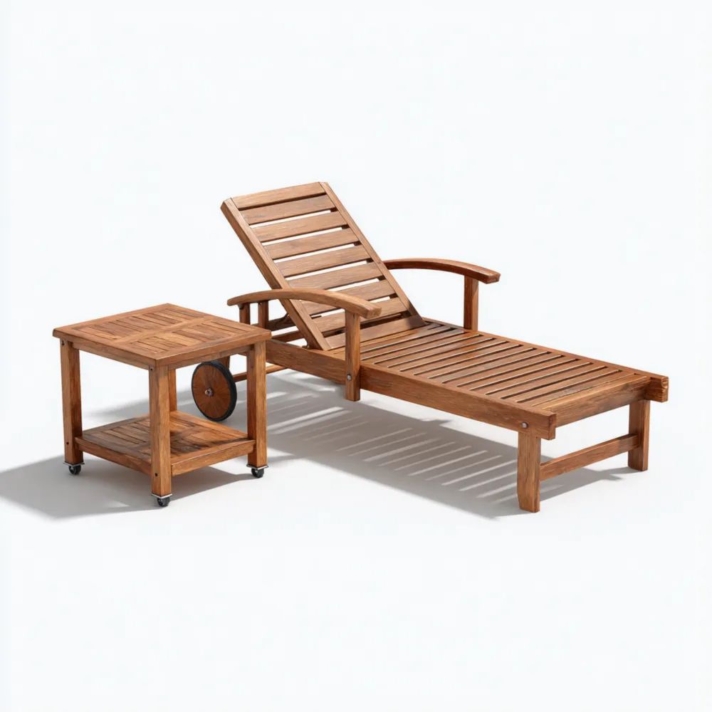 Gartenliege Set Holzverstellbar 195x65x35 cm mit Beistelltisch 45x45x40 cm - Natur - Klassisches Design
