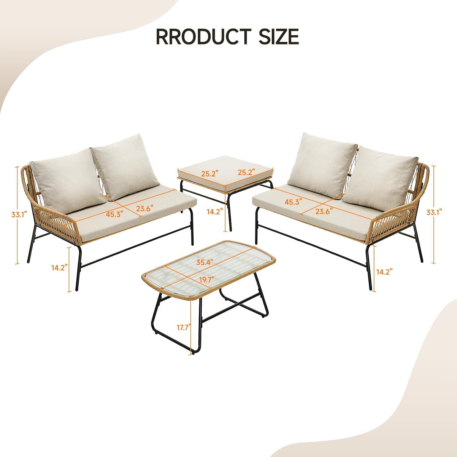 4-Piece Outdoor Sectional Set, 4-Seats Wicker Patio Couch Sets with Cushion and Tempered Glass Coffee Table, L-Shaped, Olefin Fabric, Waterproof & UV Resistant, Beige