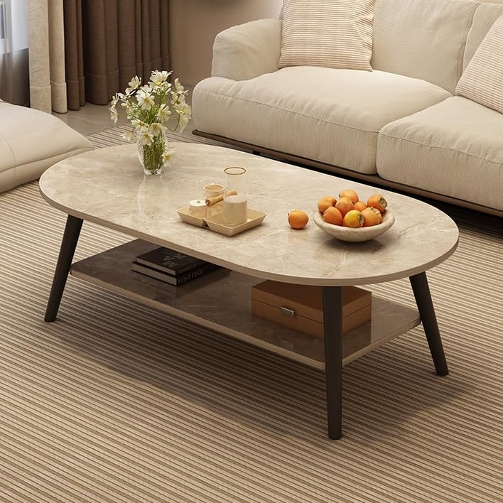 Center Table for Living Room,31.5" Coffee Table for Living Room,Minimalist Display Coffe Table,2-Tier Oval Coffee Table with Storage,Small Side Table end Table for Small Space Bedroom(Stone,80x40x42cm