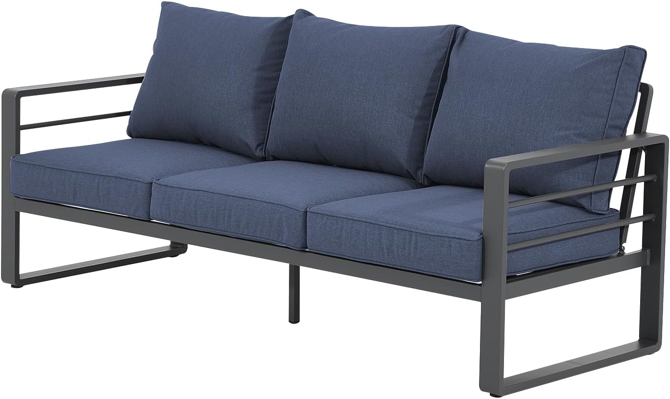 Aluminum Patio Furniture Set, Outdoor Patio 3-Seater Sofa, 3 Seats Couch, All Weather White Metal Chair with Olefin Cushion, Deep Seating, 800 lbs Capacity, Deck, Garden-Blue Cushion