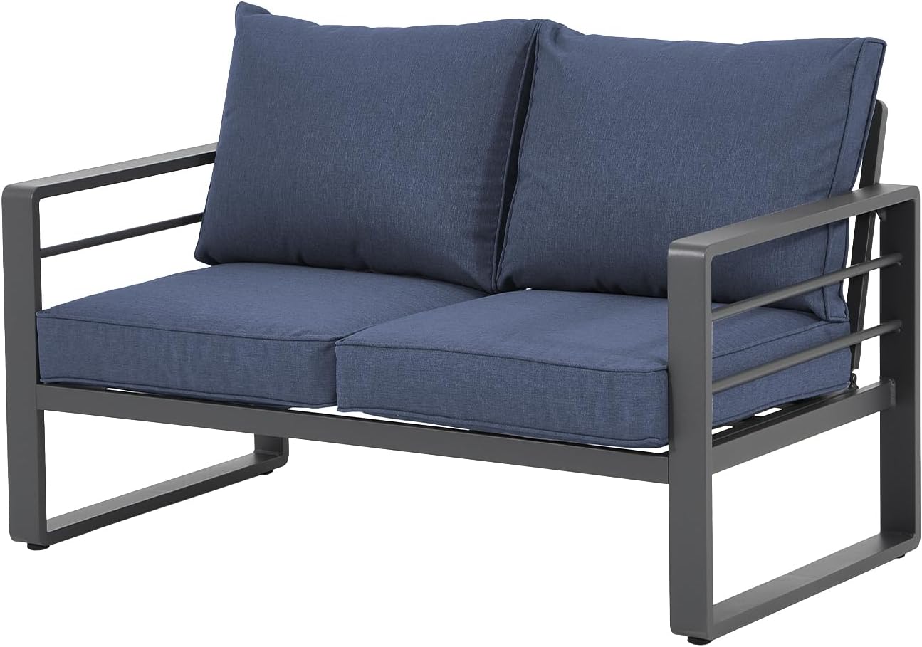 Aluminum Patio Furniture Set, Outdoor Patio 3-Seater Sofa, 3 Seats Couch, All Weather White Metal Chair with Olefin Cushion, Deep Seating, 800 lbs Capacity, Deck, Garden-Blue Cushion