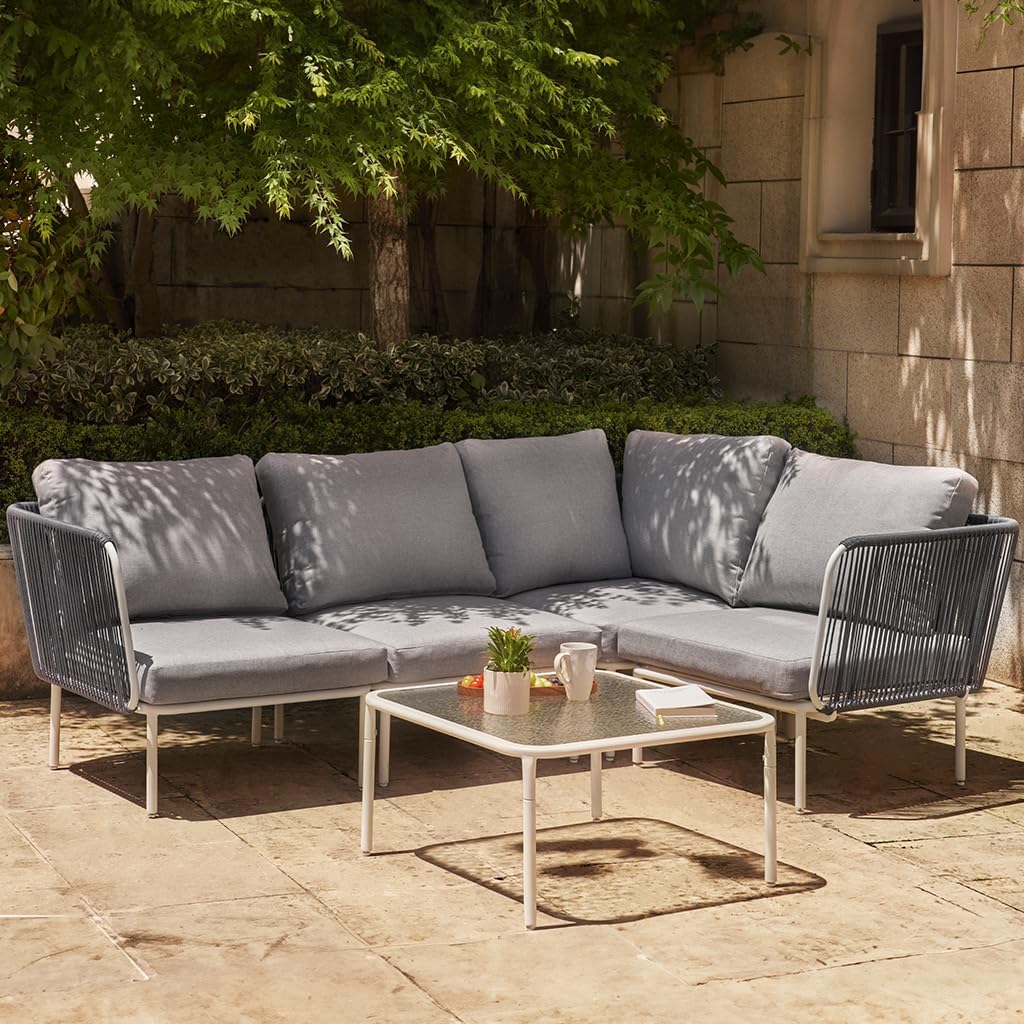 5-Piece Patio Furniture Set, Outdoor Sectional Sofa with Cushion and Glass Coffee Table, Modern Patio Conversation Set for Garden, Backyard and Porch, Grey