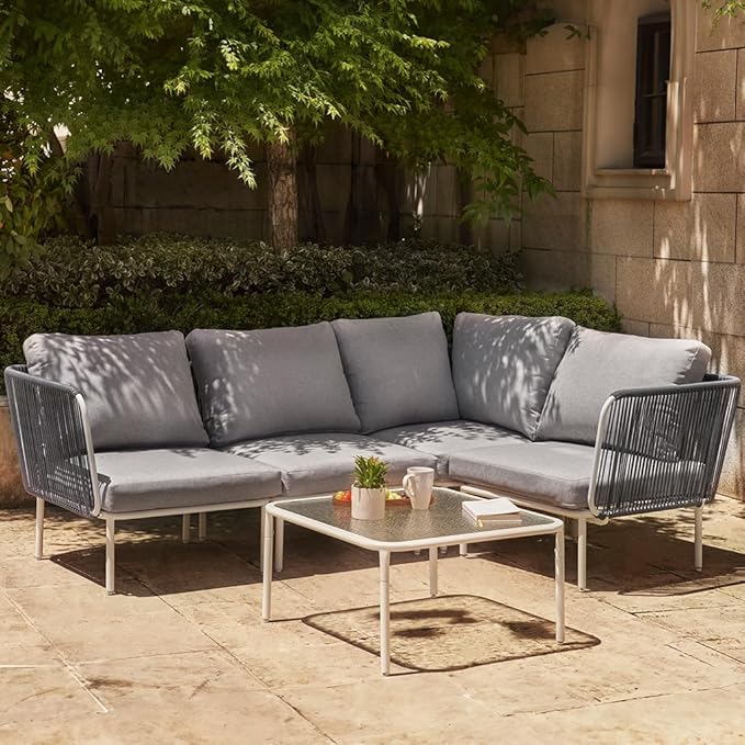 5-Piece Patio Furniture Set, Outdoor Sectional Sofa with Cushion and Glass Coffee Table, Modern Patio Conversation Set for Garden, Backyard and Porch, Grey