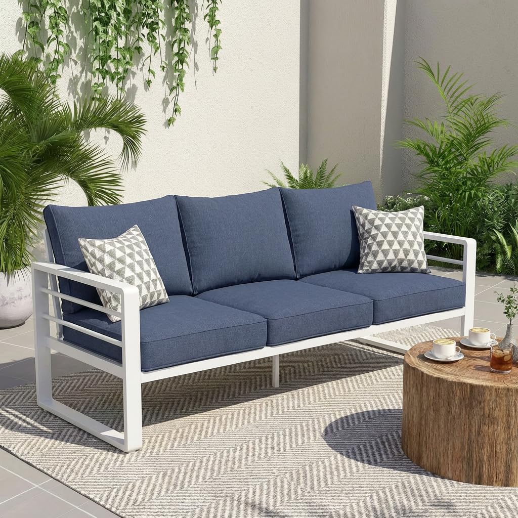 Aluminum Patio Furniture Set, Outdoor Patio 3-Seater Sofa, 3 Seats Couch, All Weather White Metal Chair with Olefin Cushion, Deep Seating, 800 lbs Capacity, Deck, Garden-Blue Cushion