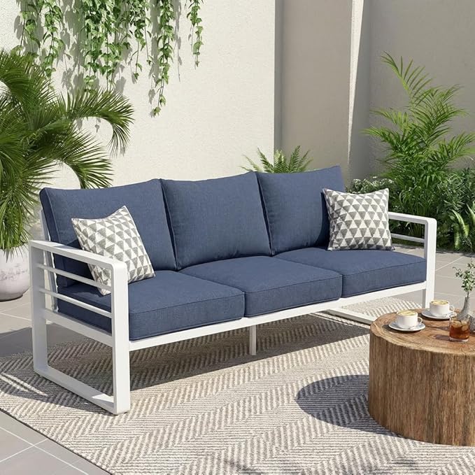 Aluminum Patio Furniture Set, Outdoor Patio 3-Seater Sofa, 3 Seats Couch, All Weather White Metal Chair with Olefin Cushion, Deep Seating, 800 lbs Capacity, Deck, Garden-Blue Cushion