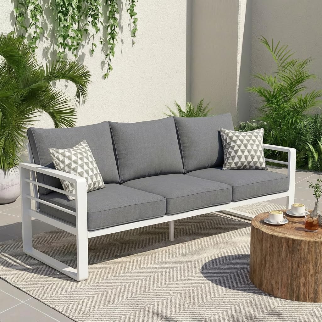 Aluminum Patio Furniture Set, Outdoor Patio 3-Seater Sofa, 3 Seats Couch, All Weather White Metal Chair with Olefin Cushion, Deep Seating, 800 lbs Capacity, Deck, Garden-Blue Cushion