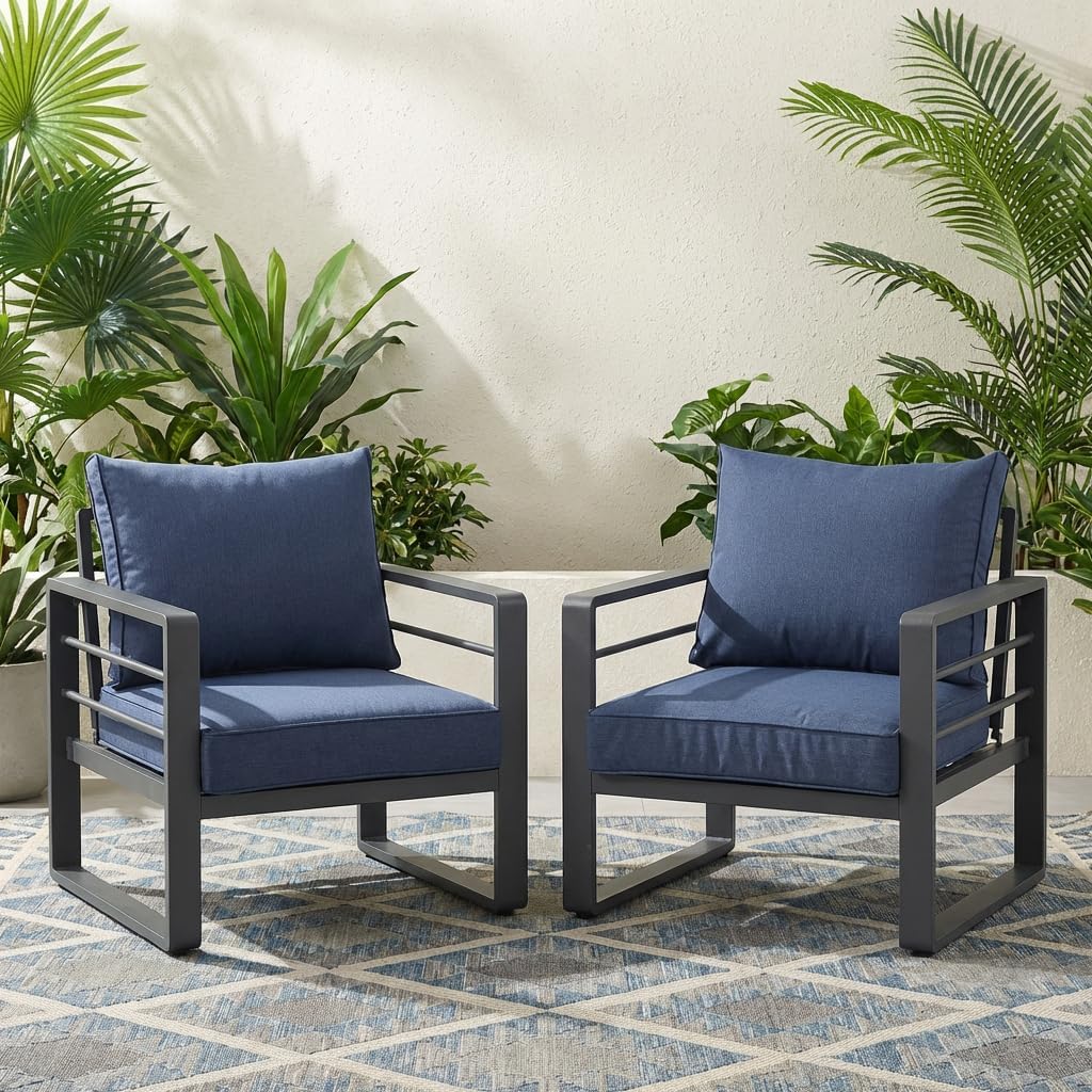 Aluminum Patio Furniture Set, Outdoor Patio 3-Seater Sofa, 3 Seats Couch, All Weather White Metal Chair with Olefin Cushion, Deep Seating, 800 lbs Capacity, Deck, Garden-Blue Cushion