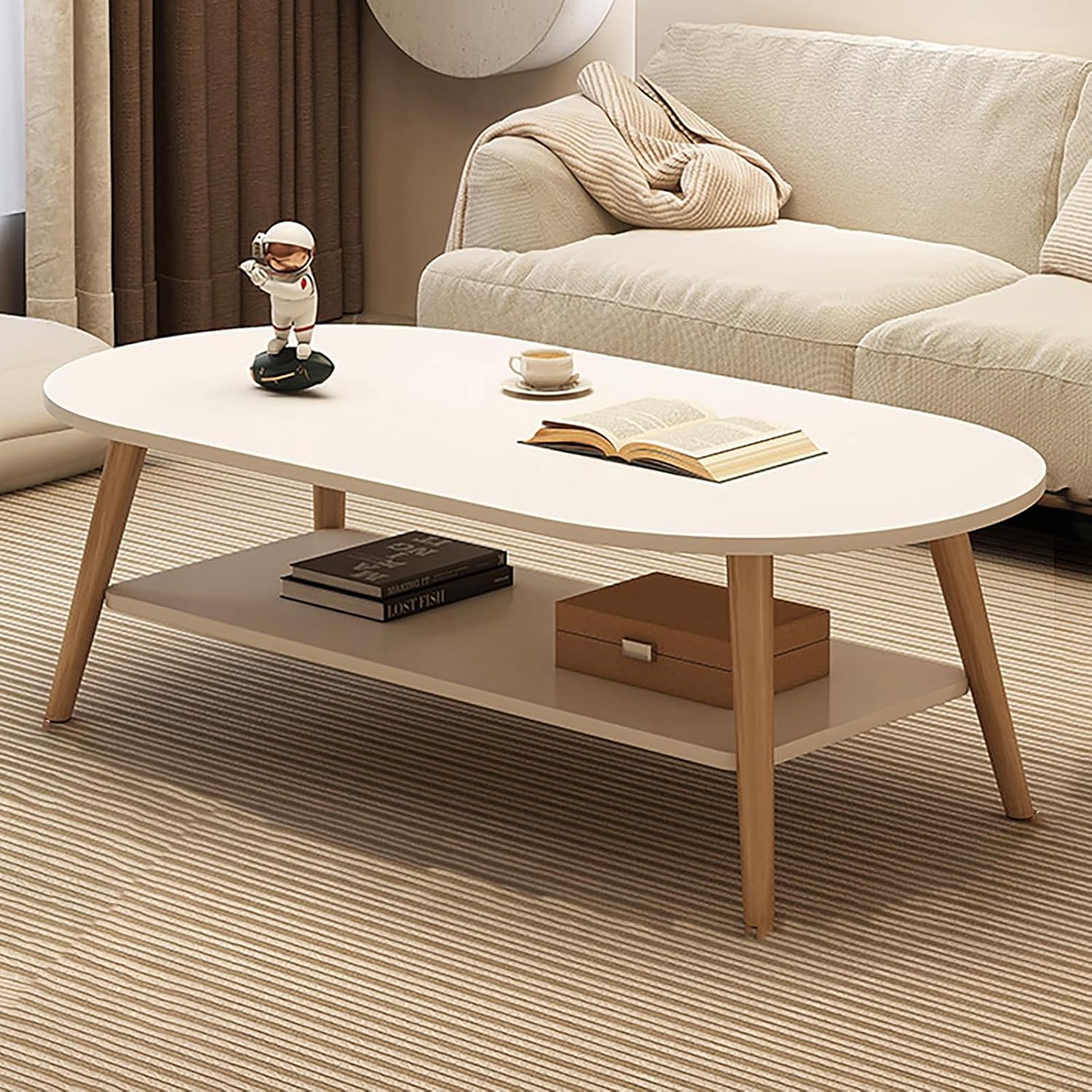 Center Table for Living Room,31.5" Coffee Table for Living Room,Minimalist Display Coffe Table,2-Tier Oval Coffee Table with Storage,Small Side Table end Table for Small Space Bedroom(Stone,80x40x42cm