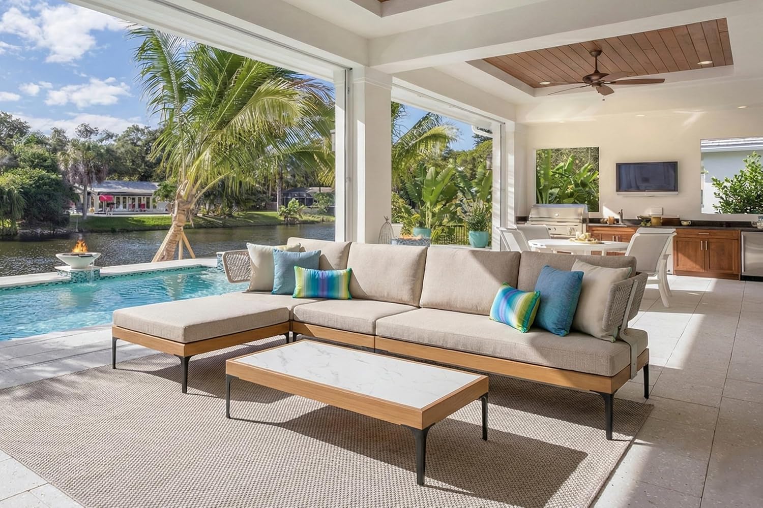 4 Pieces Patio Conversation Furniture Set Outdoor Aluminum Modern Wicker Sofa Chairs Sets with Coffee Table for Balcony Yard Garden Poolside, Cushions and Pillows Included