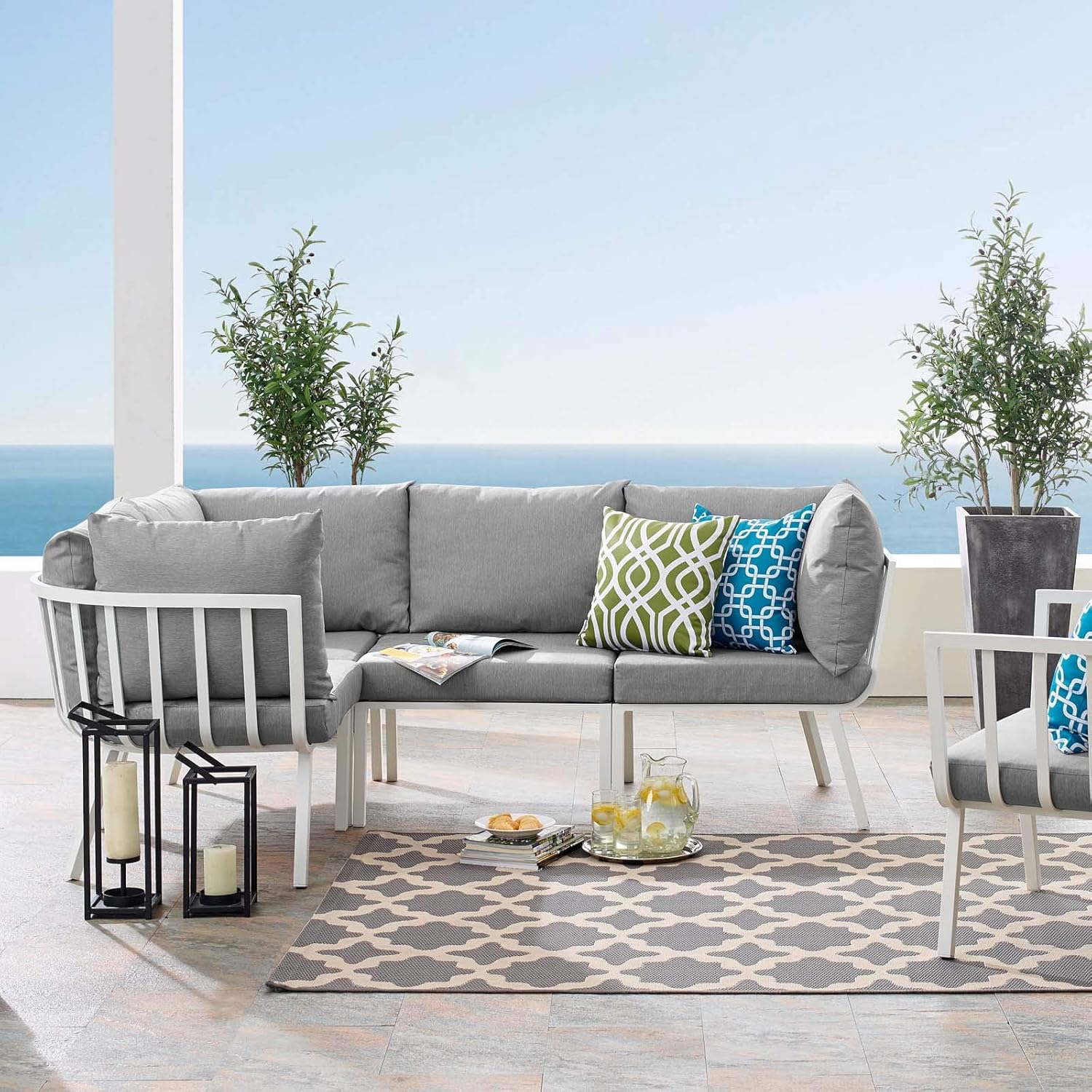 Outdoor Patio Aluminum Sectional Set, 85. 5" L x 85. 5" W x 28" H, White Gray
