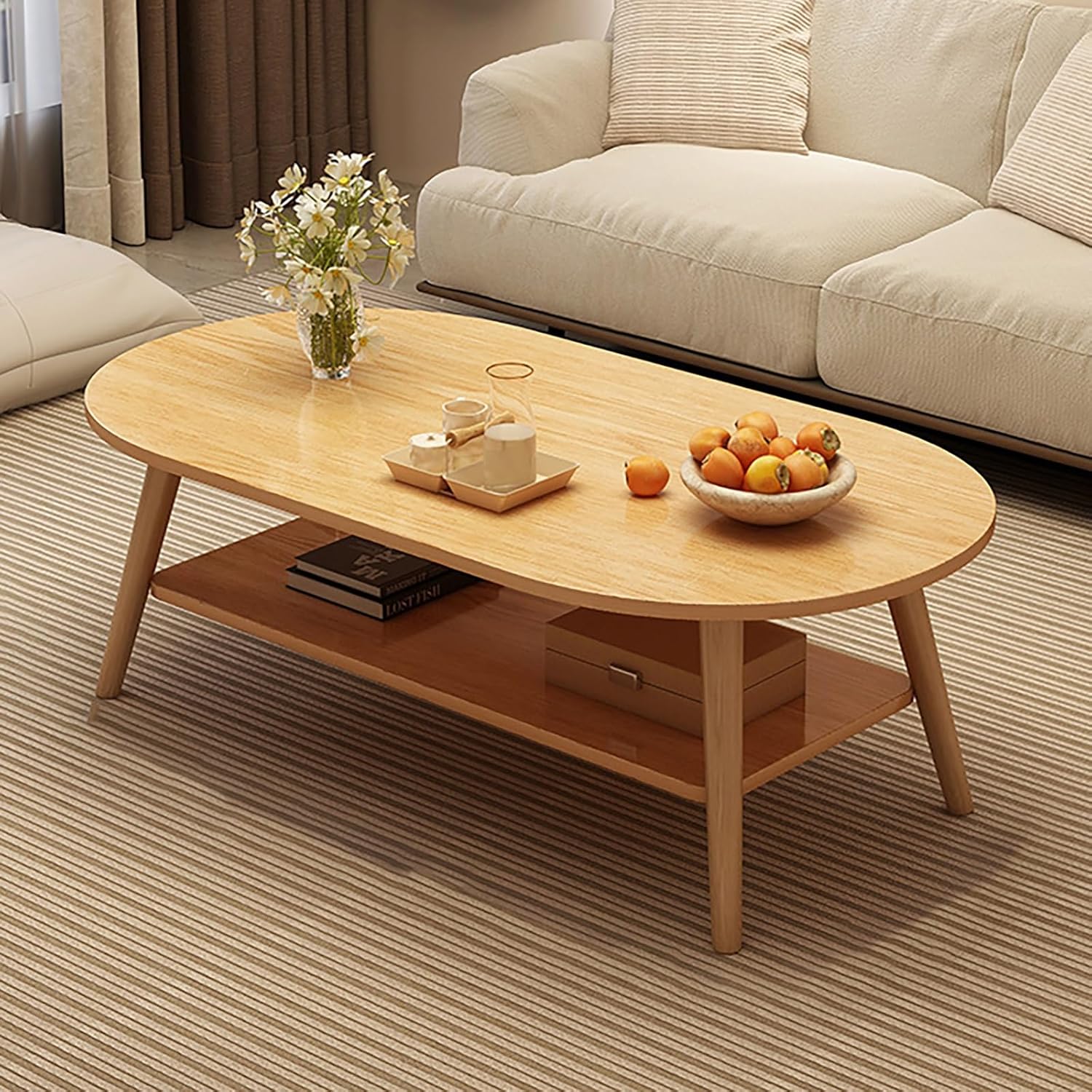 Center Table for Living Room,31.5" Coffee Table for Living Room,Minimalist Display Coffe Table,2-Tier Oval Coffee Table with Storage,Small Side Table end Table for Small Space Bedroom(Stone,80x40x42cm