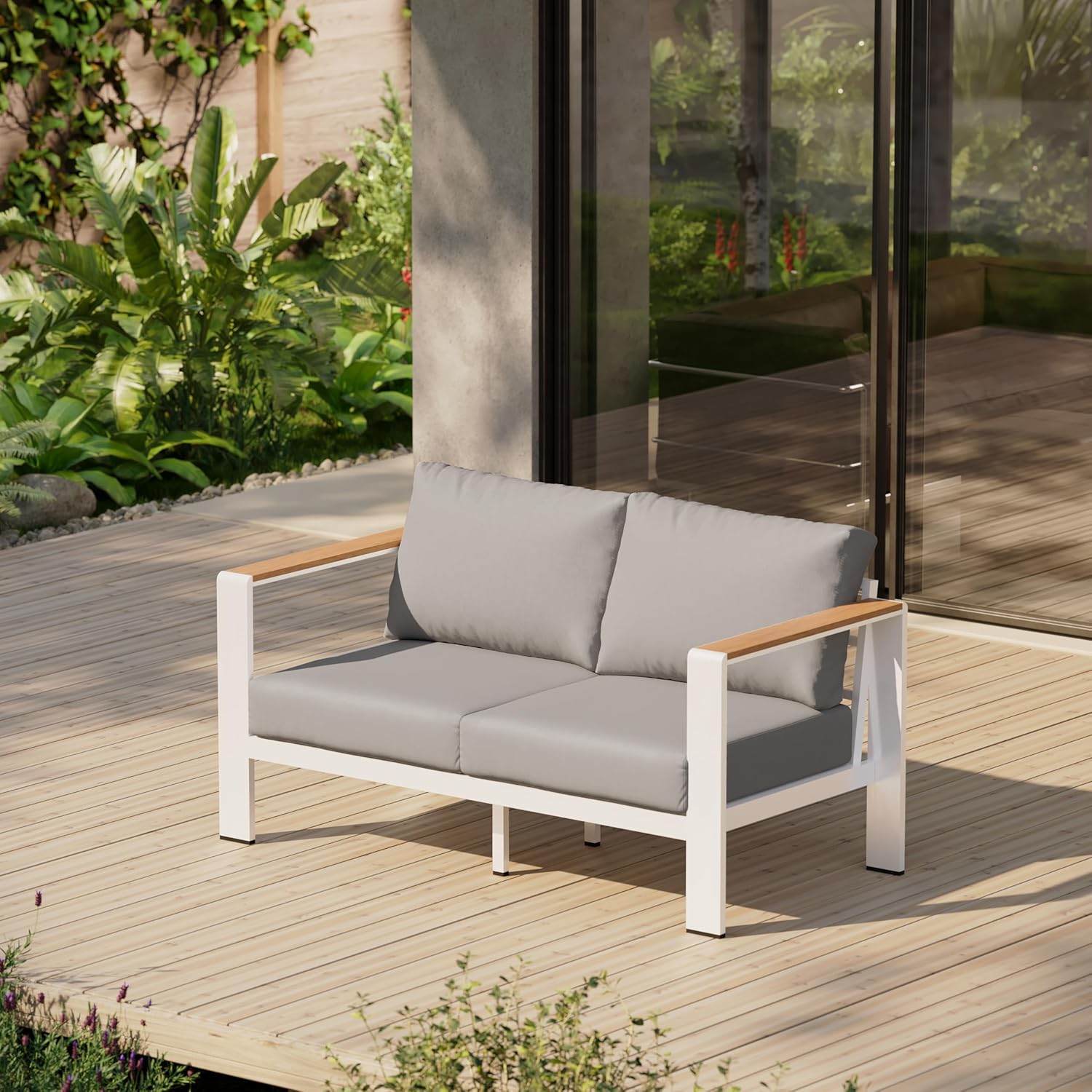 Aluminum Outdoor Patio Furniture, 3 Seats All-Weather Outdoor Patio Sofa with Washable Thick Cushion, Patio Sofa Couch for Porch, Balcony, Deck, Yard, White