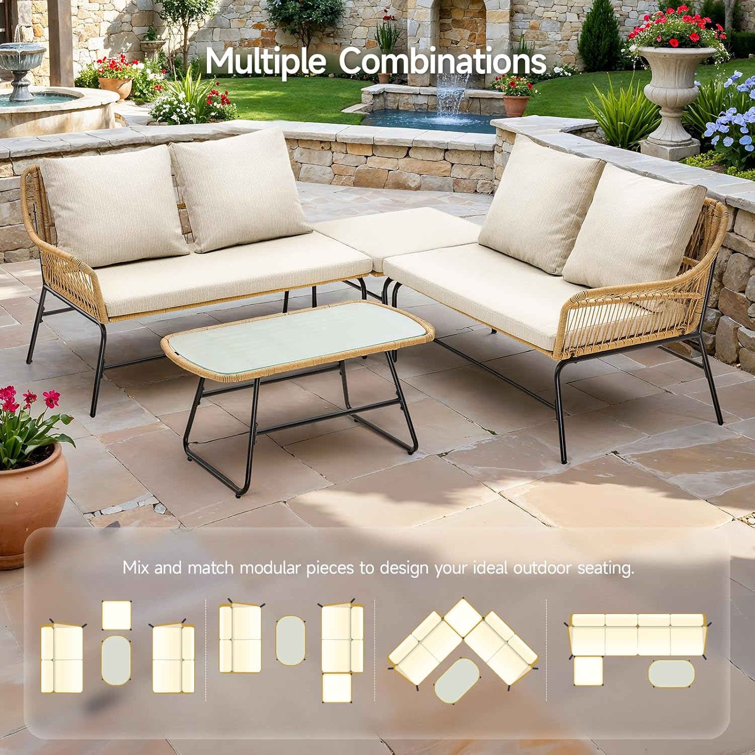 4-Piece Outdoor Sectional Set, 4-Seats Wicker Patio Couch Sets with Cushion and Tempered Glass Coffee Table, L-Shaped, Olefin Fabric, Waterproof & UV Resistant, Beige