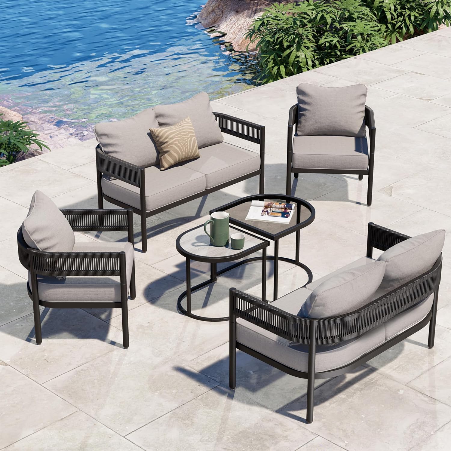 Grand patio 5-Piece Outdoor Furniture Set, 4 Seats Wicker Sofa Conversation Set with Thick Cushions and Coffee Table, for Backyard, Balcony, Garden (Peacock Blue)