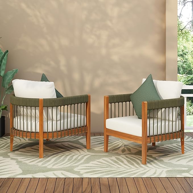 Outdoor Club Chairs Set of 2, All-Weather Acacia Wood Patio Armchair with Handwoven Rope Accents & Curved Backrest and Removable Cushions for Porch, Garden, Backyard, Balcony, Green+Beige