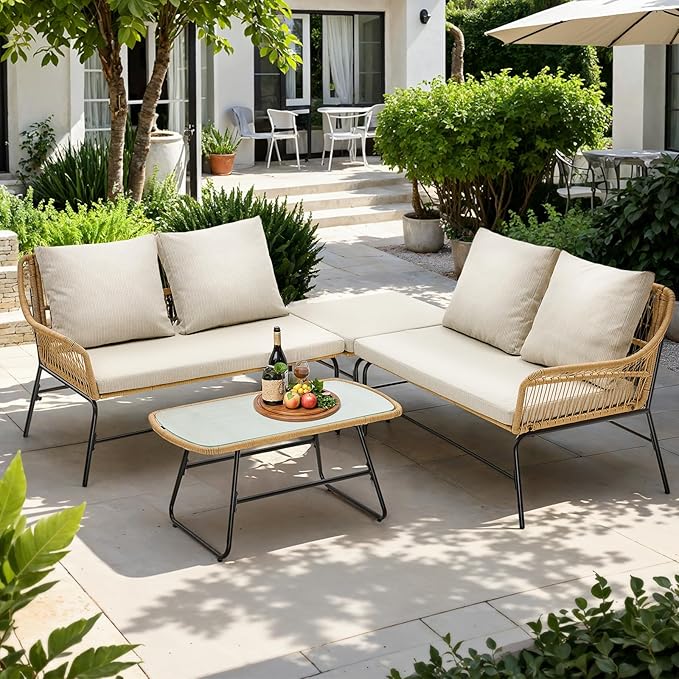 4-Piece Outdoor Sectional Set, 4-Seats Wicker Patio Couch Sets with Cushion and Tempered Glass Coffee Table, L-Shaped, Olefin Fabric, Waterproof & UV Resistant, Beige