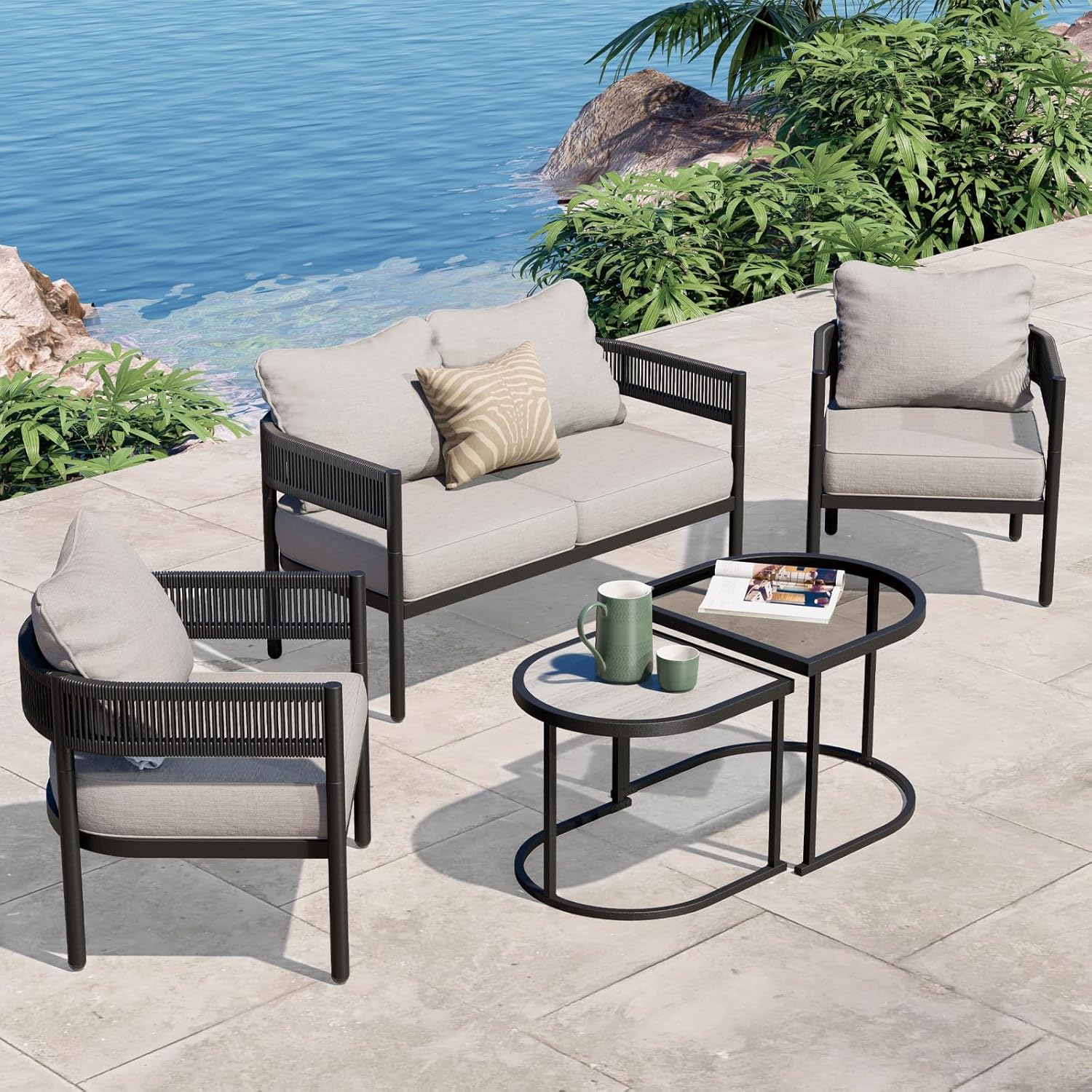 Grand patio 5-Piece Outdoor Furniture Set, 4 Seats Wicker Sofa Conversation Set with Thick Cushions and Coffee Table, for Backyard, Balcony, Garden (Peacock Blue)