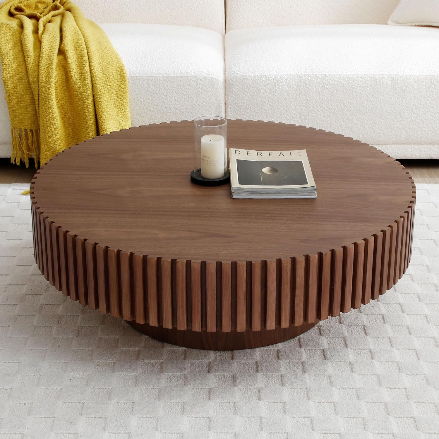 43.7'' Oval Wood Coffee Table,Modern Handcraft Drum Coffee Table for Living Room, Small Center Table with Sturdy Pedestal(Oak, L43.7 x W24.8 x H13.38)