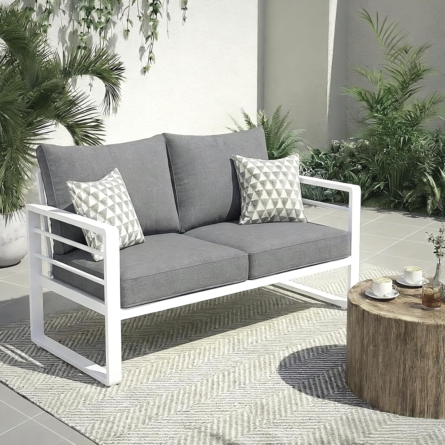 Aluminum Patio Furniture Set, Outdoor Patio 3-Seater Sofa, 3 Seats Couch, All Weather White Metal Chair with Olefin Cushion, Deep Seating, 800 lbs Capacity, Deck, Garden-Blue Cushion