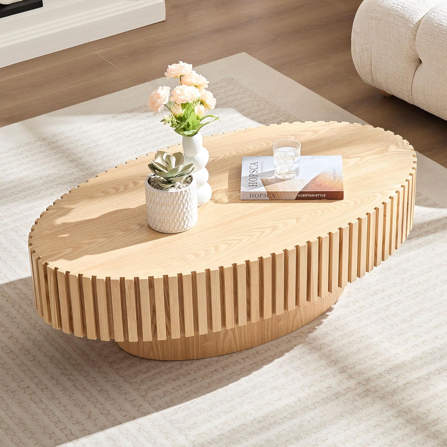 43.7'' Oval Wood Coffee Table,Modern Handcraft Drum Coffee Table for Living Room, Small Center Table with Sturdy Pedestal(Oak, L43.7 x W24.8 x H13.38)