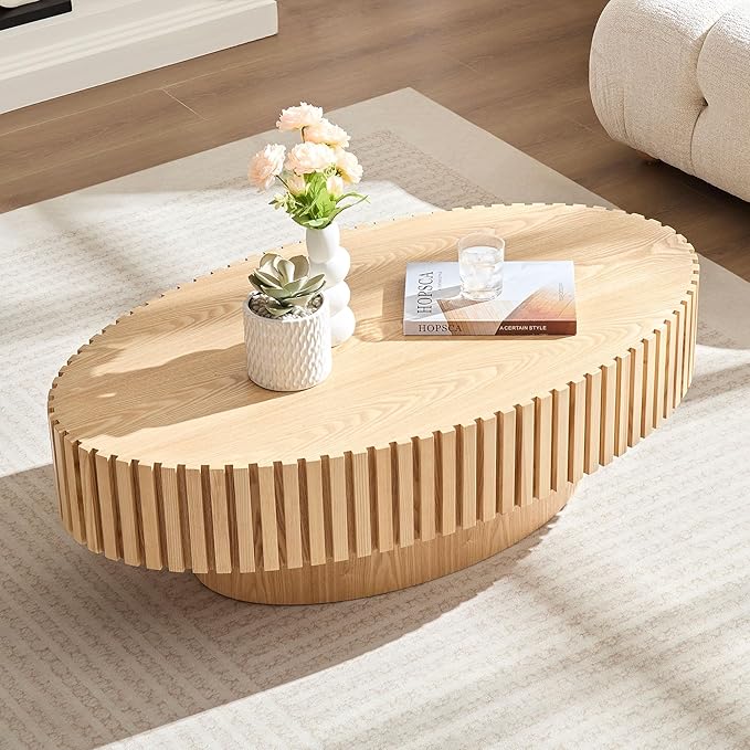 43.7'' Oval Wood Coffee Table,Modern Handcraft Drum Coffee Table for Living Room, Small Center Table with Sturdy Pedestal(Oak, L43.7 x W24.8 x H13.38)