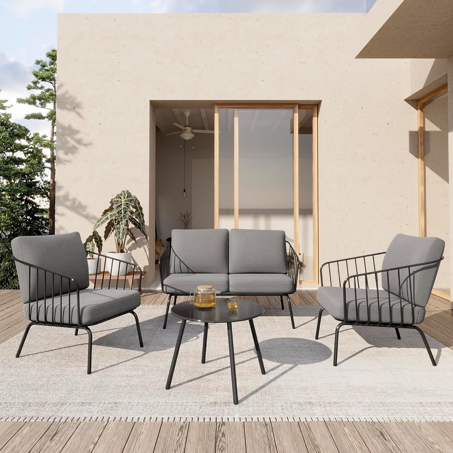 5-Piece Patio Furniture Set, Outdoor Sectional Sofa with Cushion and Glass Coffee Table, Modern Patio Conversation Set for Garden, Backyard and Porch, Grey