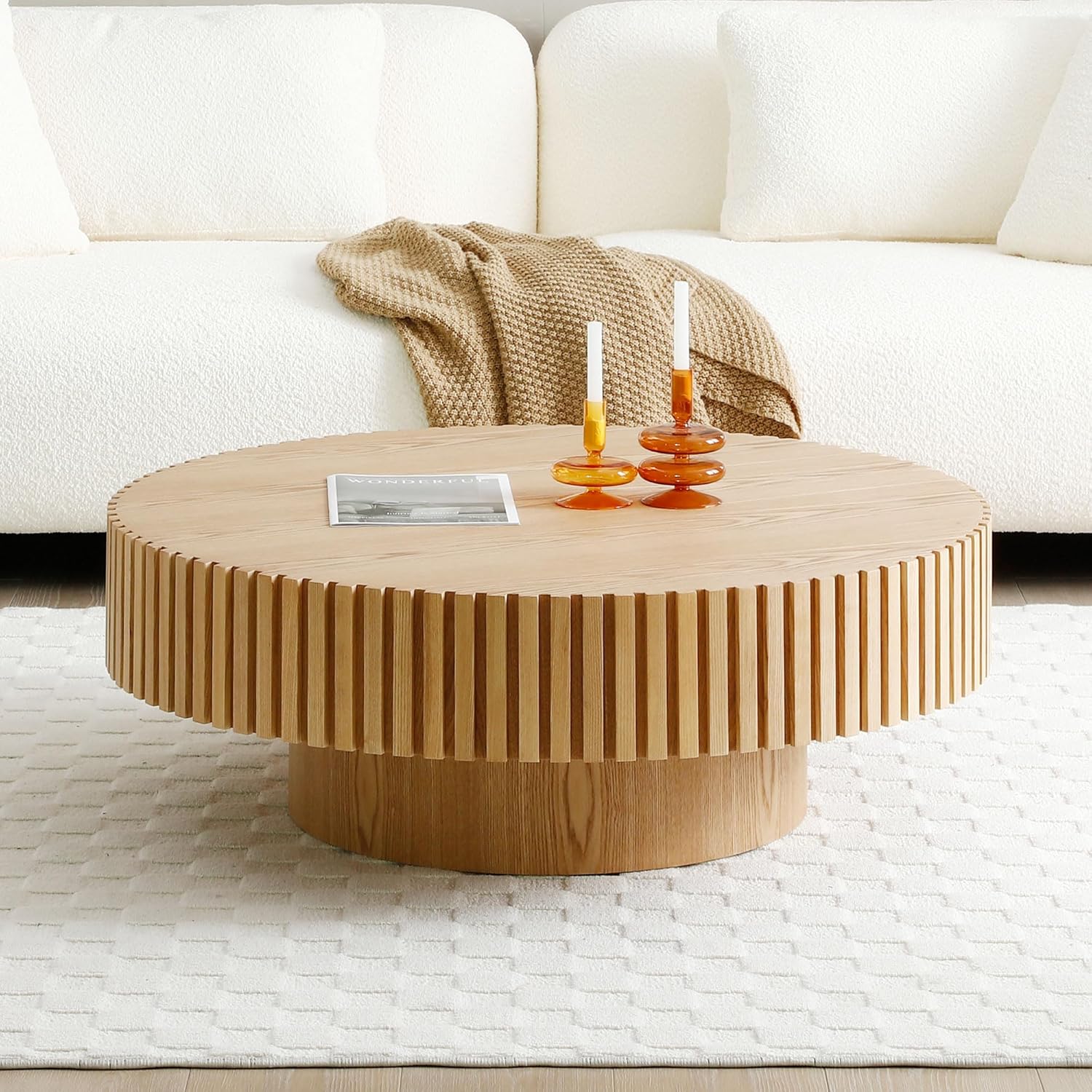43.7'' Oval Wood Coffee Table,Modern Handcraft Drum Coffee Table for Living Room, Small Center Table with Sturdy Pedestal(Oak, L43.7 x W24.8 x H13.38)