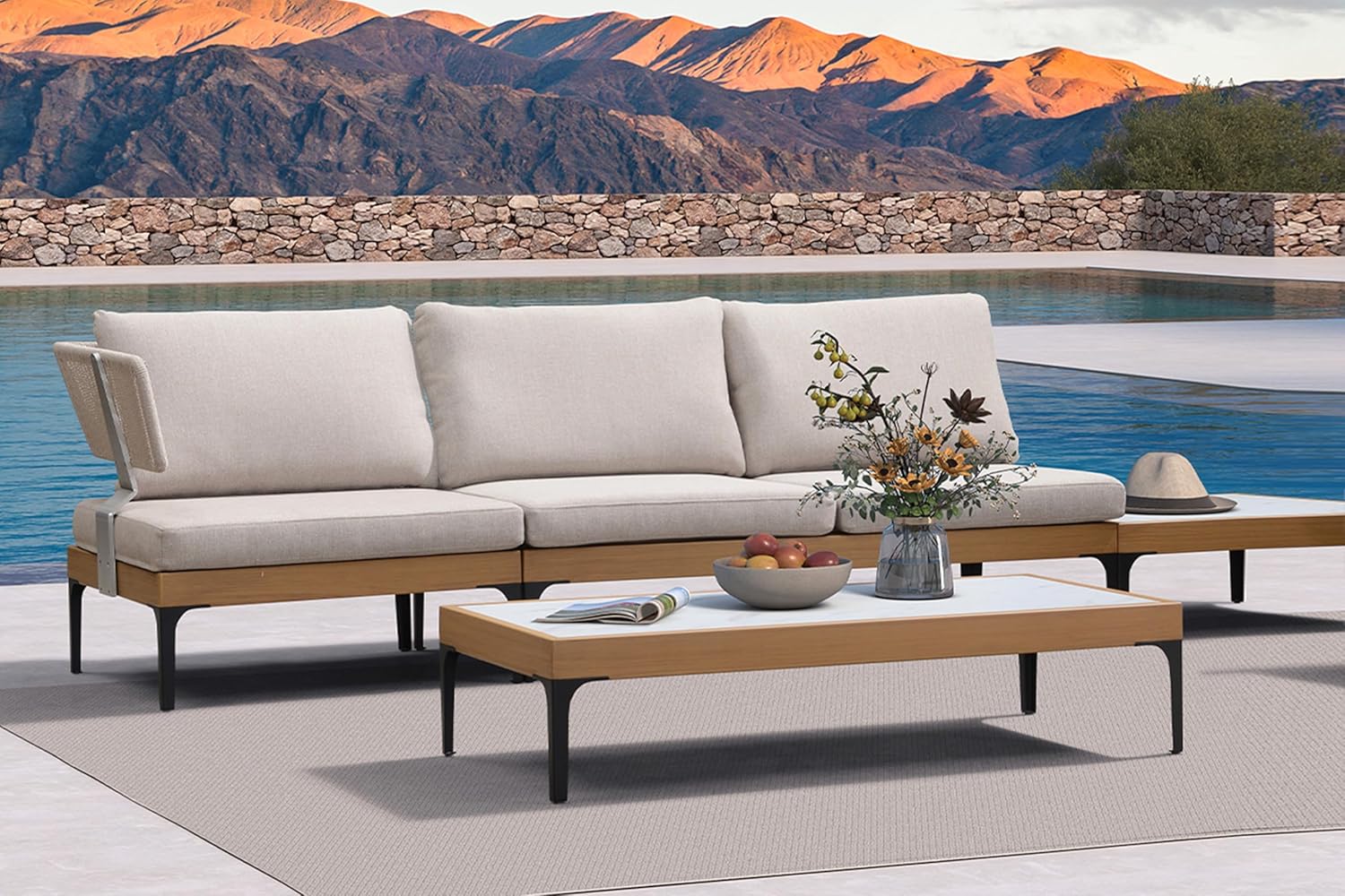 4 Pieces Patio Conversation Furniture Set Outdoor Aluminum Modern Wicker Sofa Chairs Sets with Coffee Table for Balcony Yard Garden Poolside, Cushions and Pillows Included