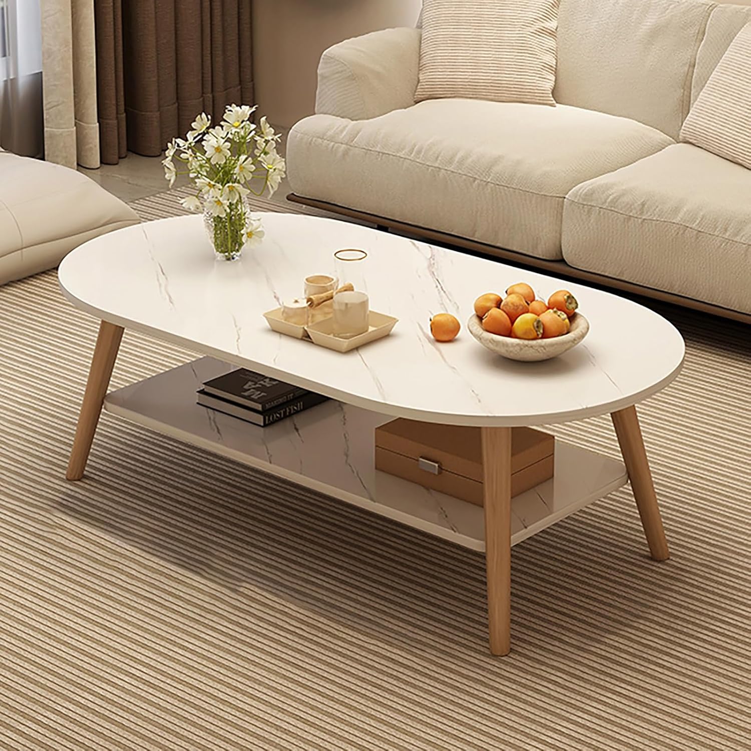 Center Table for Living Room,31.5" Coffee Table for Living Room,Minimalist Display Coffe Table,2-Tier Oval Coffee Table with Storage,Small Side Table end Table for Small Space Bedroom(Stone,80x40x42cm