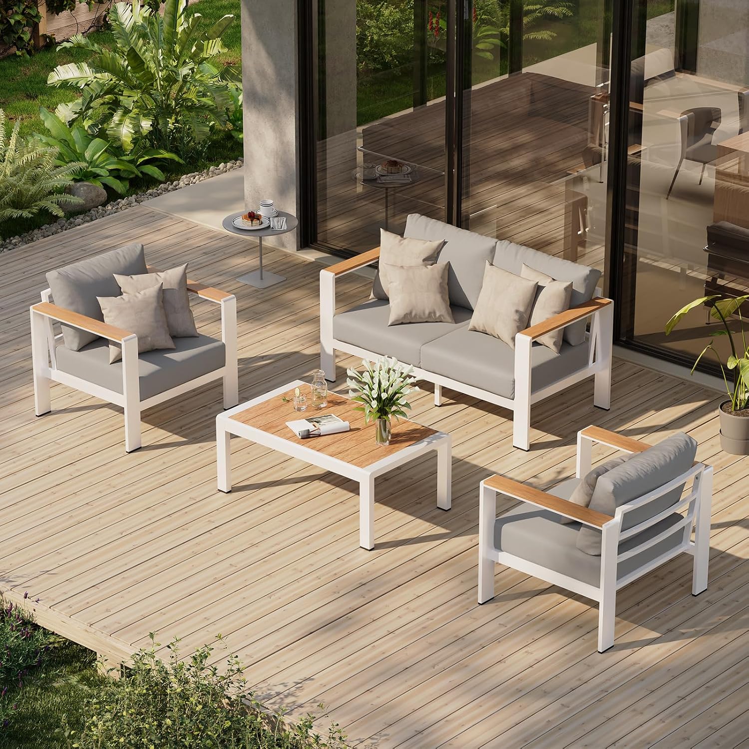 Aluminum Outdoor Patio Furniture, 3 Seats All-Weather Outdoor Patio Sofa with Washable Thick Cushion, Patio Sofa Couch for Porch, Balcony, Deck, Yard, White