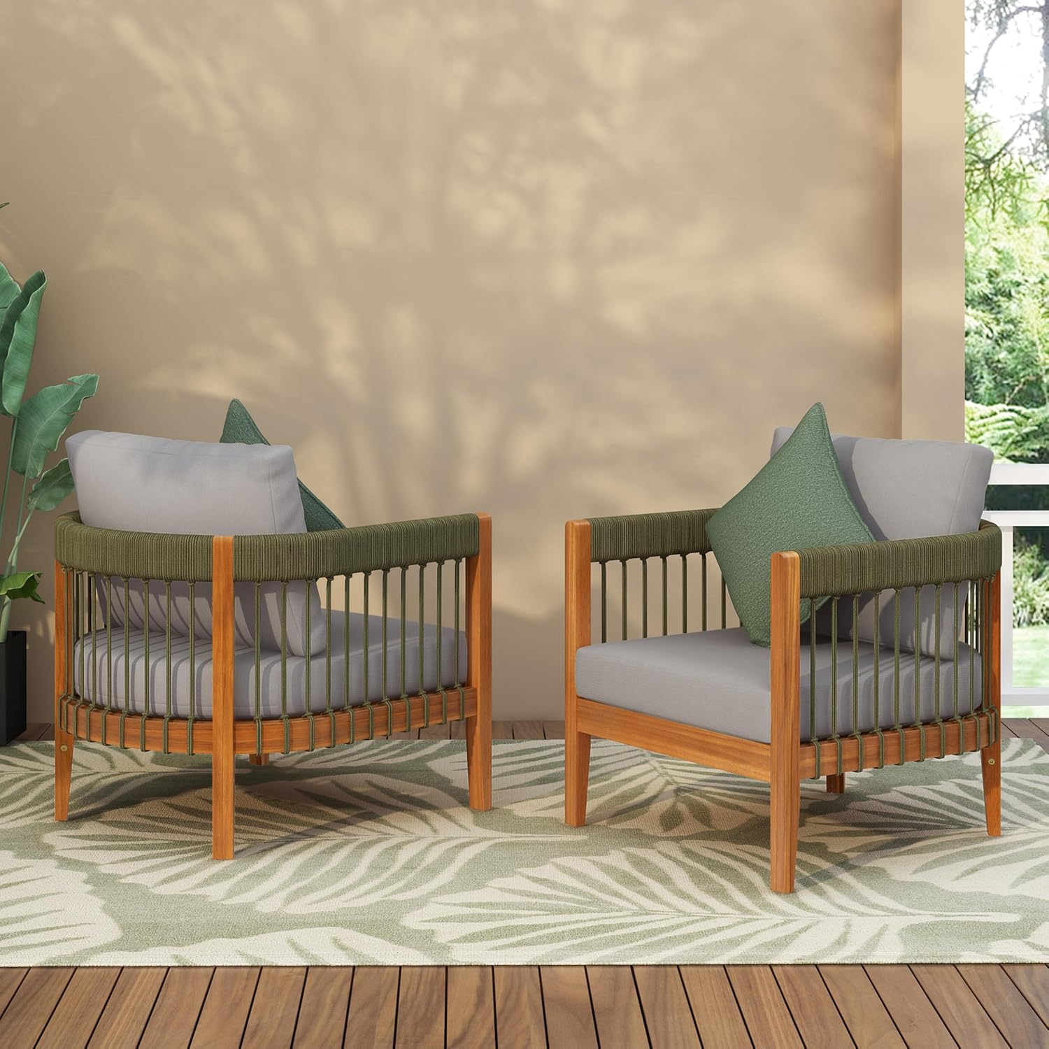 Outdoor Club Chairs Set of 2, All-Weather Acacia Wood Patio Armchair with Handwoven Rope Accents & Curved Backrest and Removable Cushions for Porch, Garden, Backyard, Balcony, Green+Beige