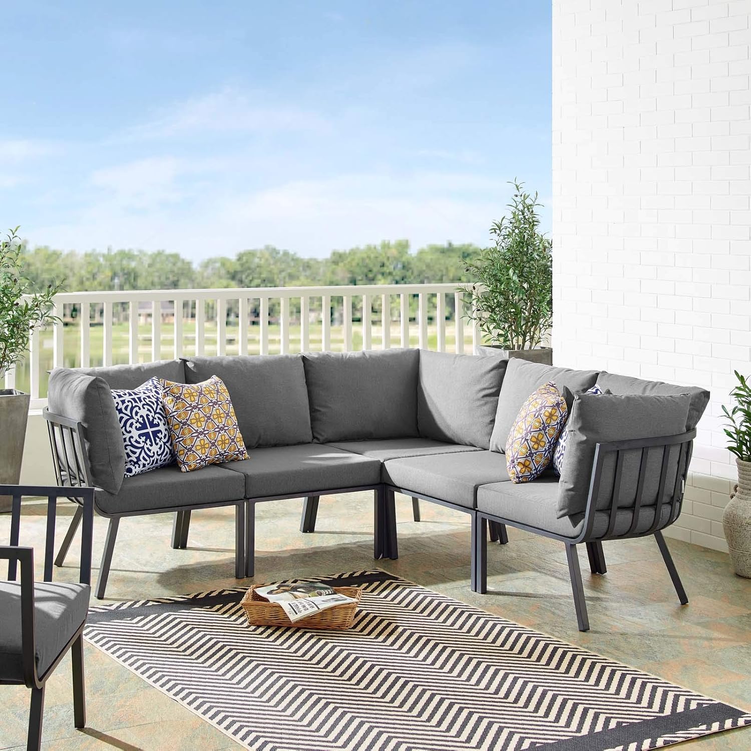 Outdoor Patio Aluminum Sectional Set, 85. 5" L x 85. 5" W x 28" H, White Gray