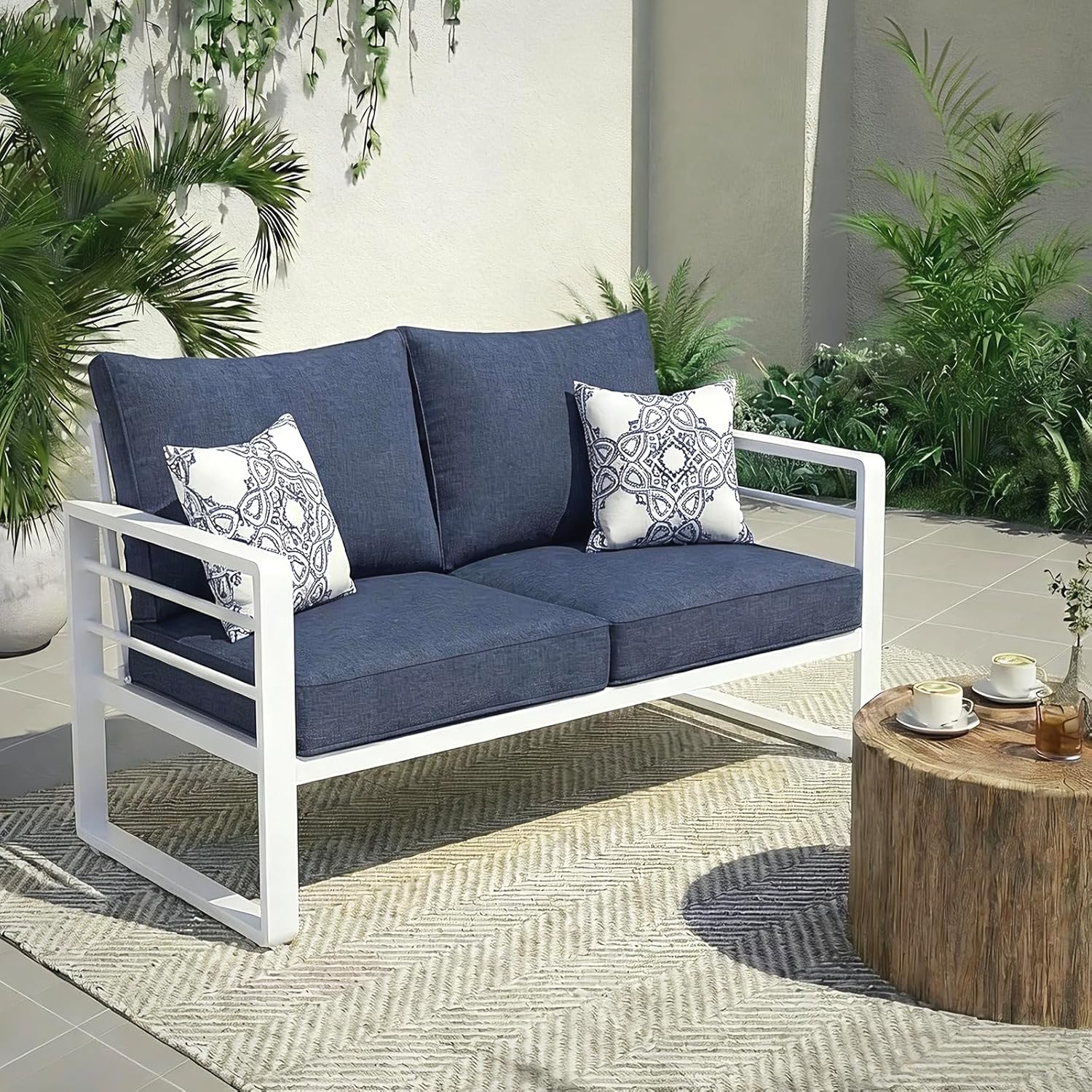 Aluminum Patio Furniture Set, Outdoor Patio 3-Seater Sofa, 3 Seats Couch, All Weather White Metal Chair with Olefin Cushion, Deep Seating, 800 lbs Capacity, Deck, Garden-Blue Cushion