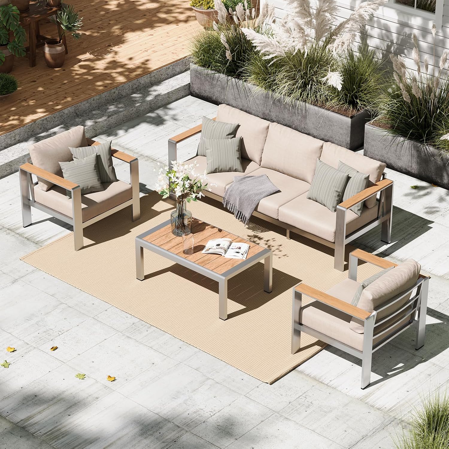 Aluminum Outdoor Patio Furniture, 3 Seats All-Weather Outdoor Patio Sofa with Washable Thick Cushion, Patio Sofa Couch for Porch, Balcony, Deck, Yard, White