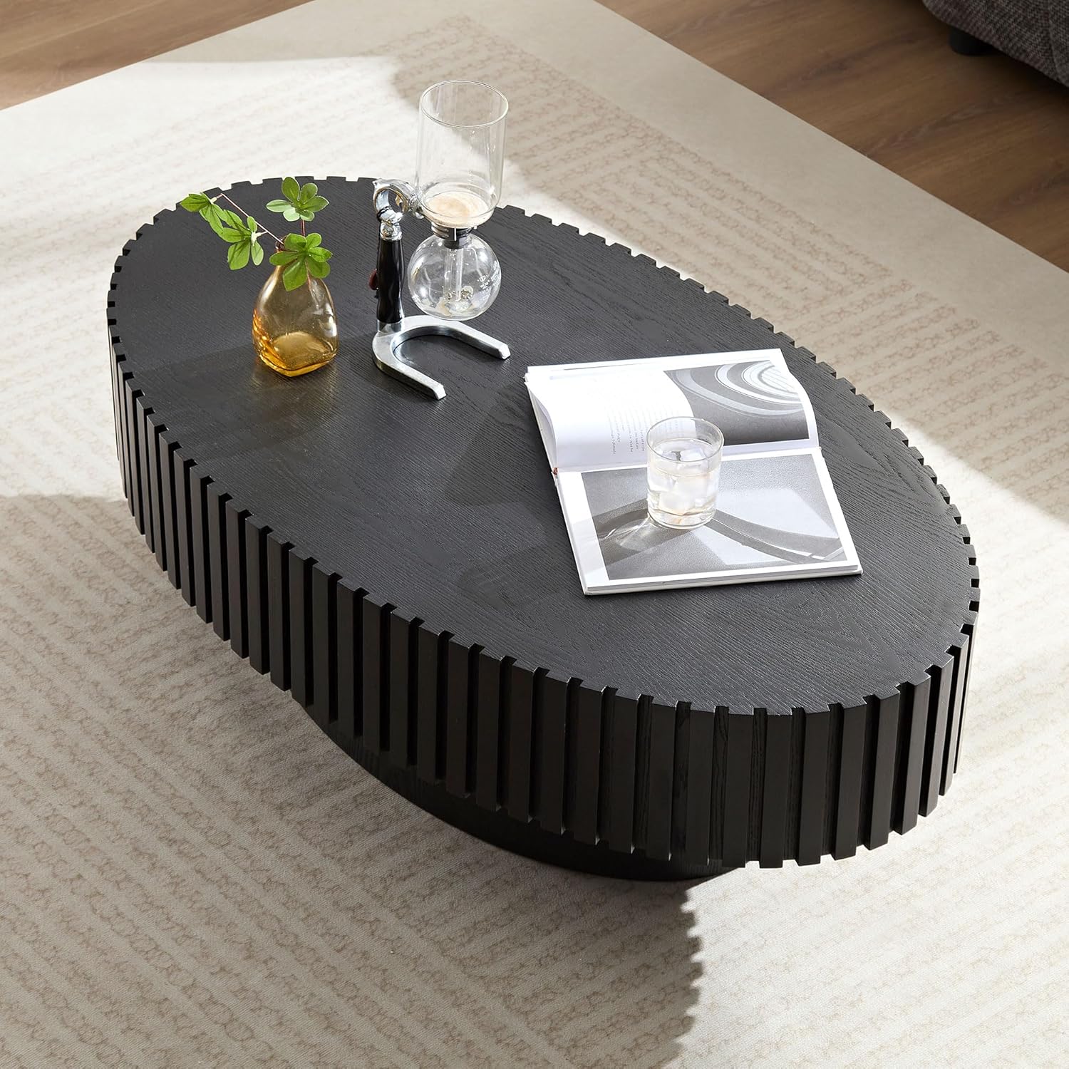 43.7'' Oval Wood Coffee Table,Modern Handcraft Drum Coffee Table for Living Room, Small Center Table with Sturdy Pedestal(Oak, L43.7 x W24.8 x H13.38)