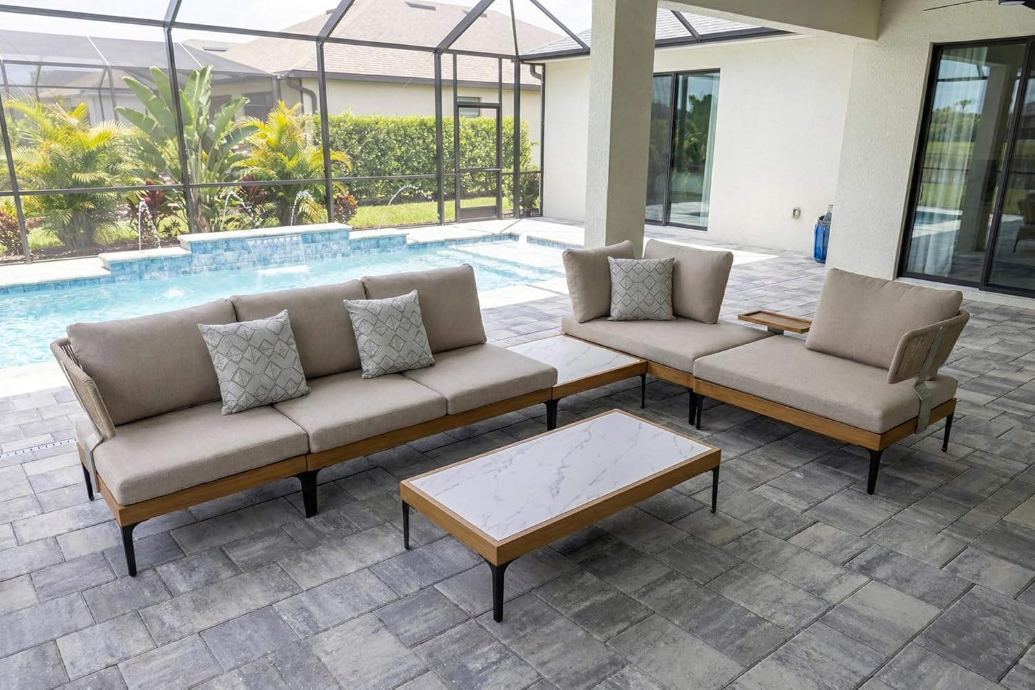4 Pieces Patio Conversation Furniture Set Outdoor Aluminum Modern Wicker Sofa Chairs Sets with Coffee Table for Balcony Yard Garden Poolside, Cushions and Pillows Included
