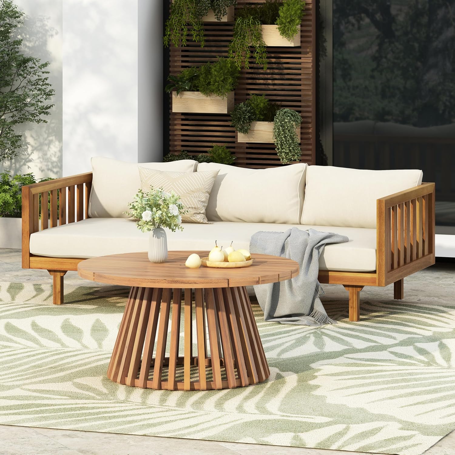 Outdoor Acacia Wood Conversation Set, 3-Seat Loveseat Sofa w/Coushion and Round Coffee Table for Backyard, Patio Furniture, Teak+Teal