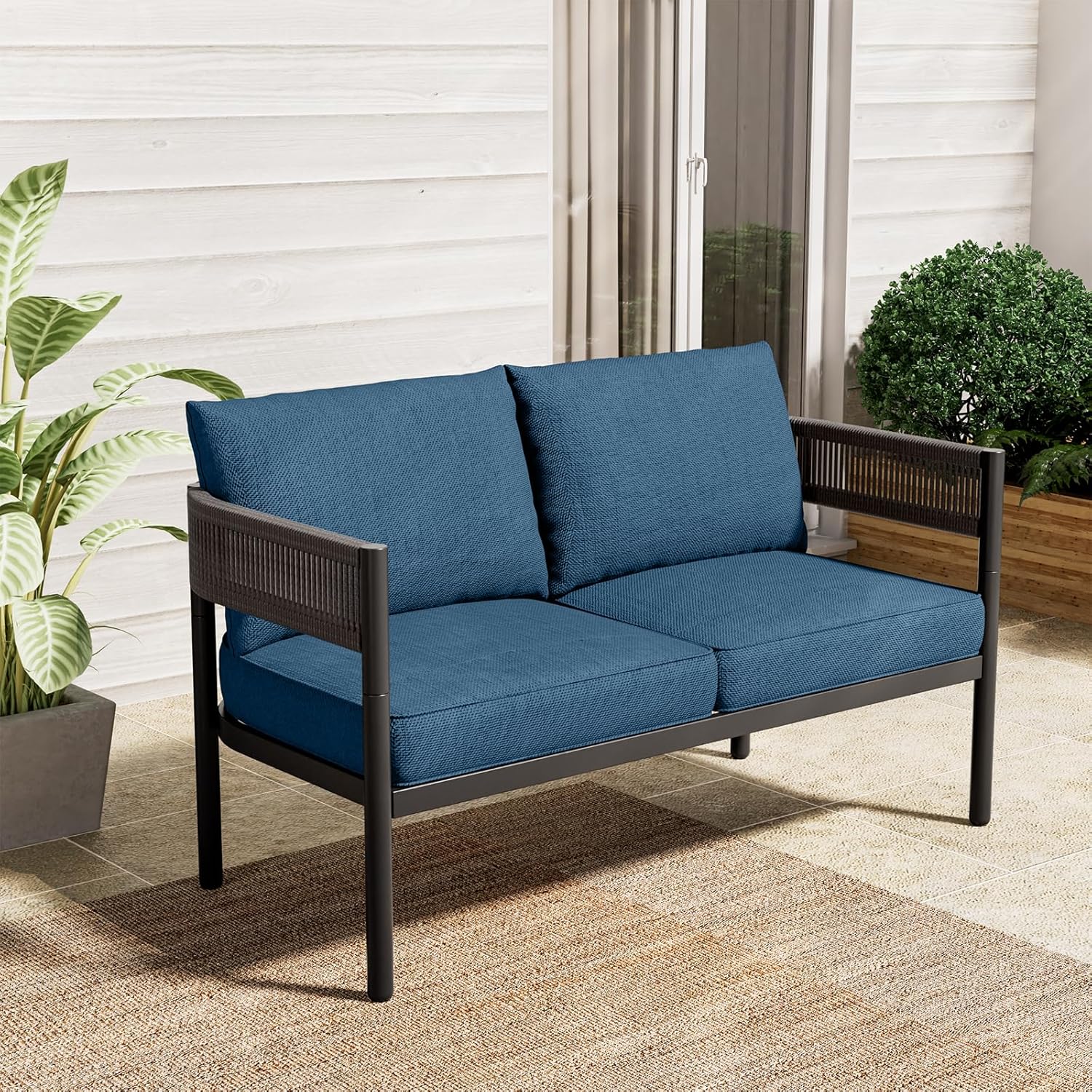 Grand patio 5-Piece Outdoor Furniture Set, 4 Seats Wicker Sofa Conversation Set with Thick Cushions and Coffee Table, for Backyard, Balcony, Garden (Peacock Blue)